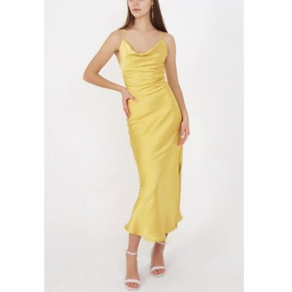 Revolve Spaghetti Strap Satin Cowl Neck Elegant Maxi Dress Yellow Women's M - Picture 1 of 6